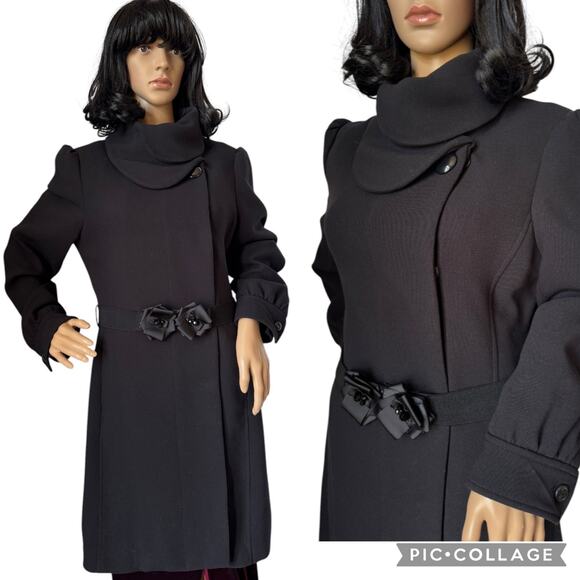 H&M Black dress coat rounded fold over collar with flower belt 12 - Picture 1 of 17